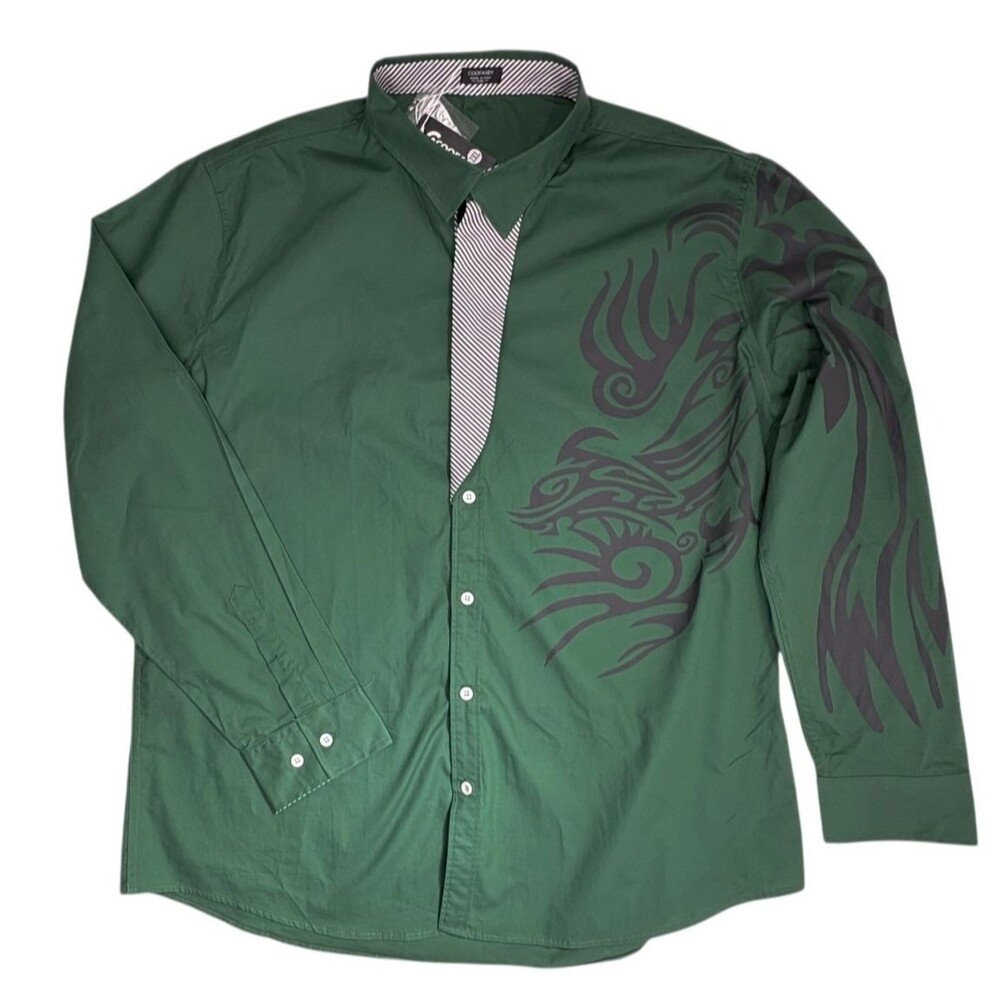 NWT Coofandy Bold Tribal Graphic Flip Cuff Shirt Green Statement Clubwear 2XL
